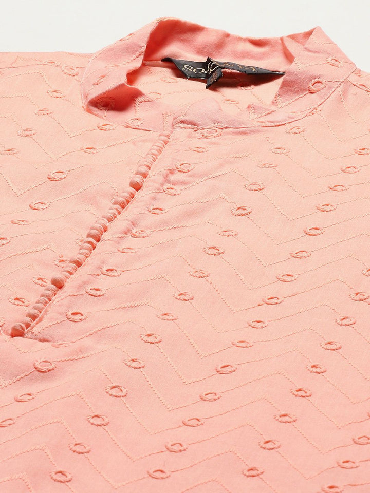 SOJANYA Lelaki Kurta Kapas Tulen Chikankari Warna Peach dengan Jaket Churidar & Nehru