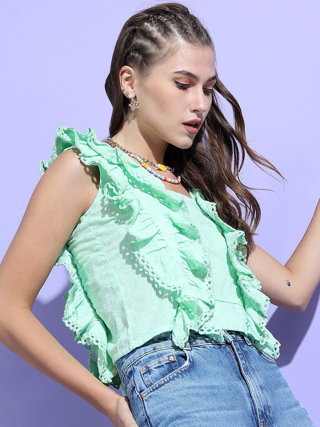 Tokyo Talkies Green Ruffles Styled Back Crop Top