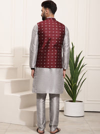 SOJANYA Set Kurta Solid Melange Kelabu Lelaki Dengan Jaket Bercetak