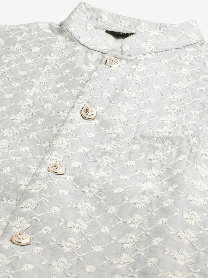 SOJANYA Men Grey Ethnic Motifs Embroidered Thread Work Kurta with Churidar & Nehru Jacket