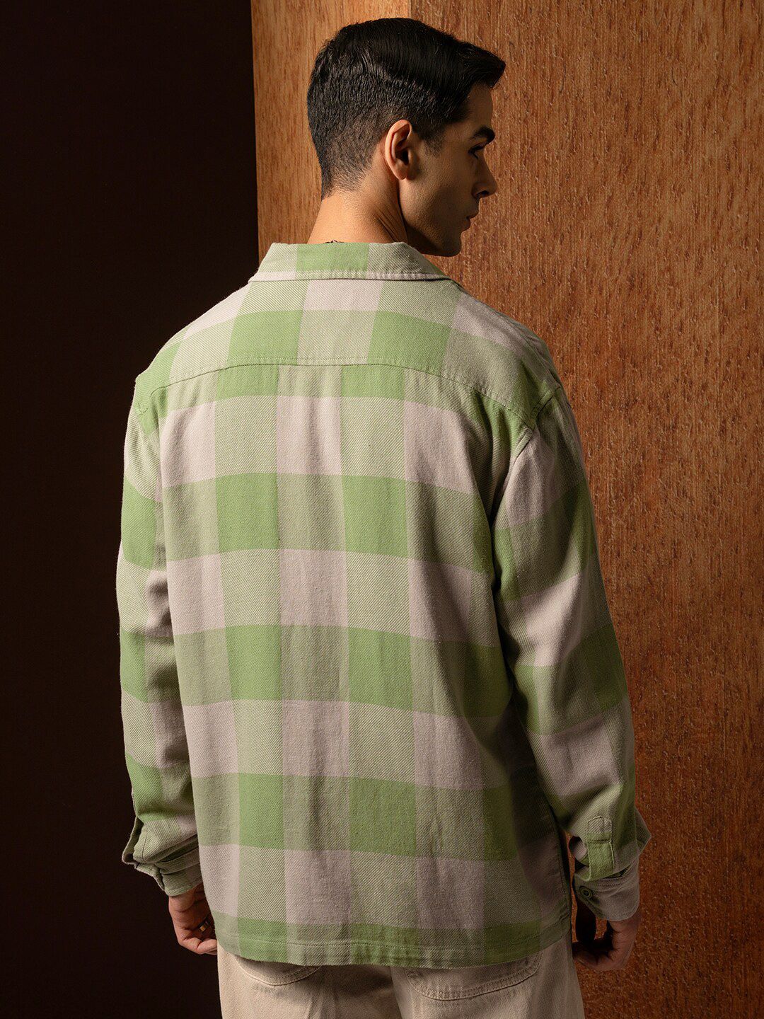 Locomotive Premium Men Green Oversized Oxford Dobby Textured Checked Overshirt
