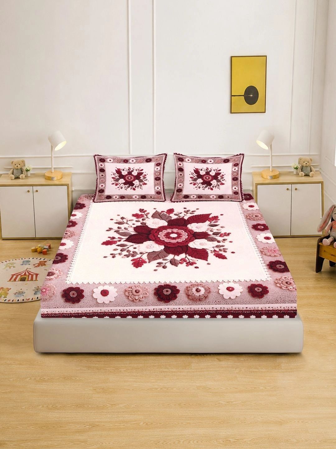 KLOTTHE Maroon & Pink Floral 400 TC Cadar King dengan 2 Sarung Bantal