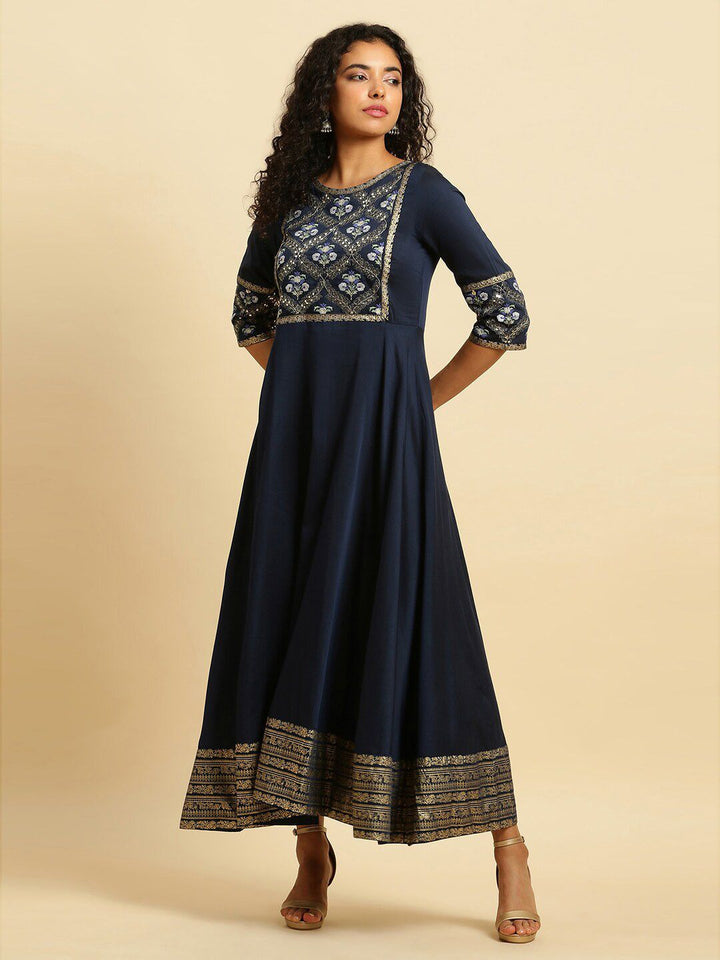 W Blue Floral Embroidered Sequined Maxi Ethnic Dress