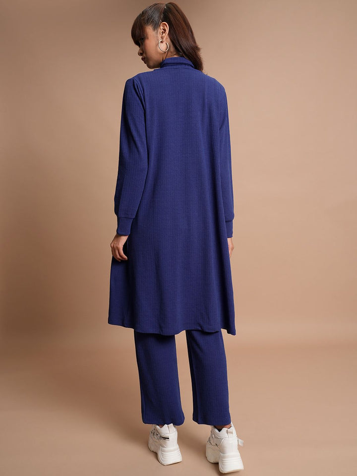 Tokyo Talkies Navy Blue Self Design High Neck Top & Trouser With Shrug Co-Ords