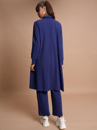 Tokyo Talkies Navy Blue Self Design High Neck Top & Trouser With Shrug Co-Ords
