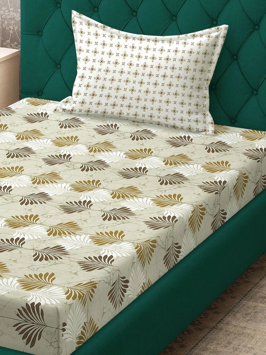 Moda Rapido X KLOTTHE Olive Green Floral 400 TC Single Bedsheet with 1 Pillow Covers