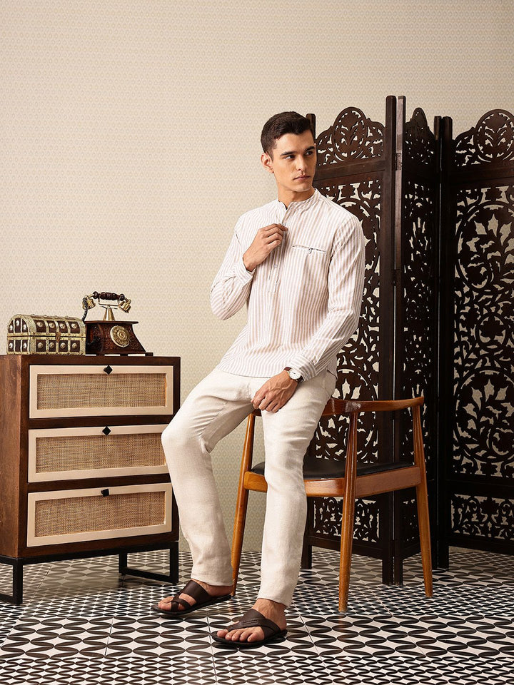 House of Pataudi Striped Band Collar Rozana Kurta