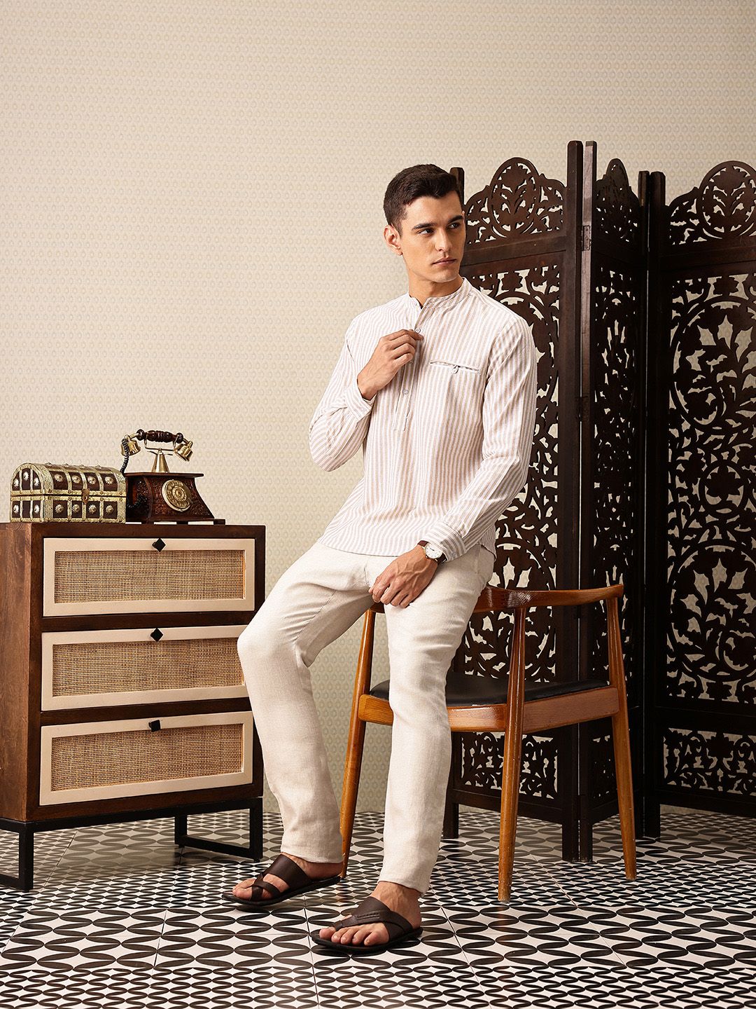 House of Pataudi Striped Band Collar Rozana Kurta