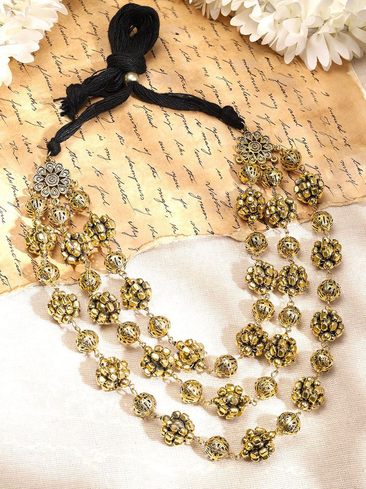Rubans Oxidised Antique Gold-Plated Triple-Layered Floral Beaded Statement Necklace
