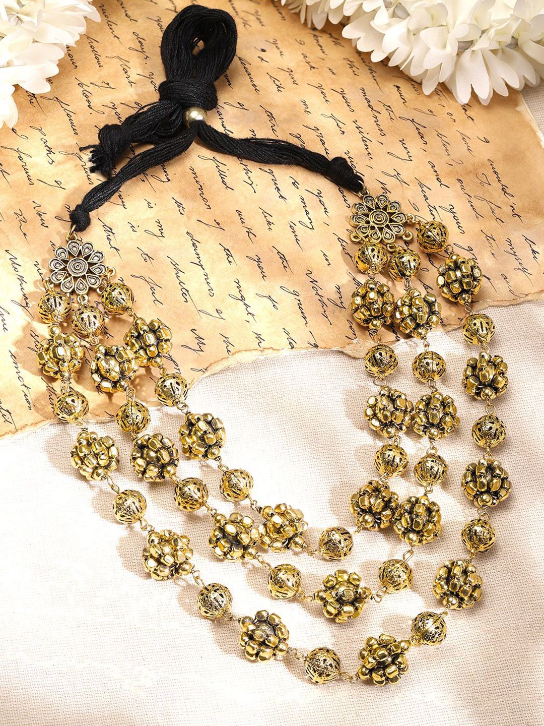 Rubans Oxidised Antique Gold-Plated Triple-Layered Floral Beaded Statement Necklace