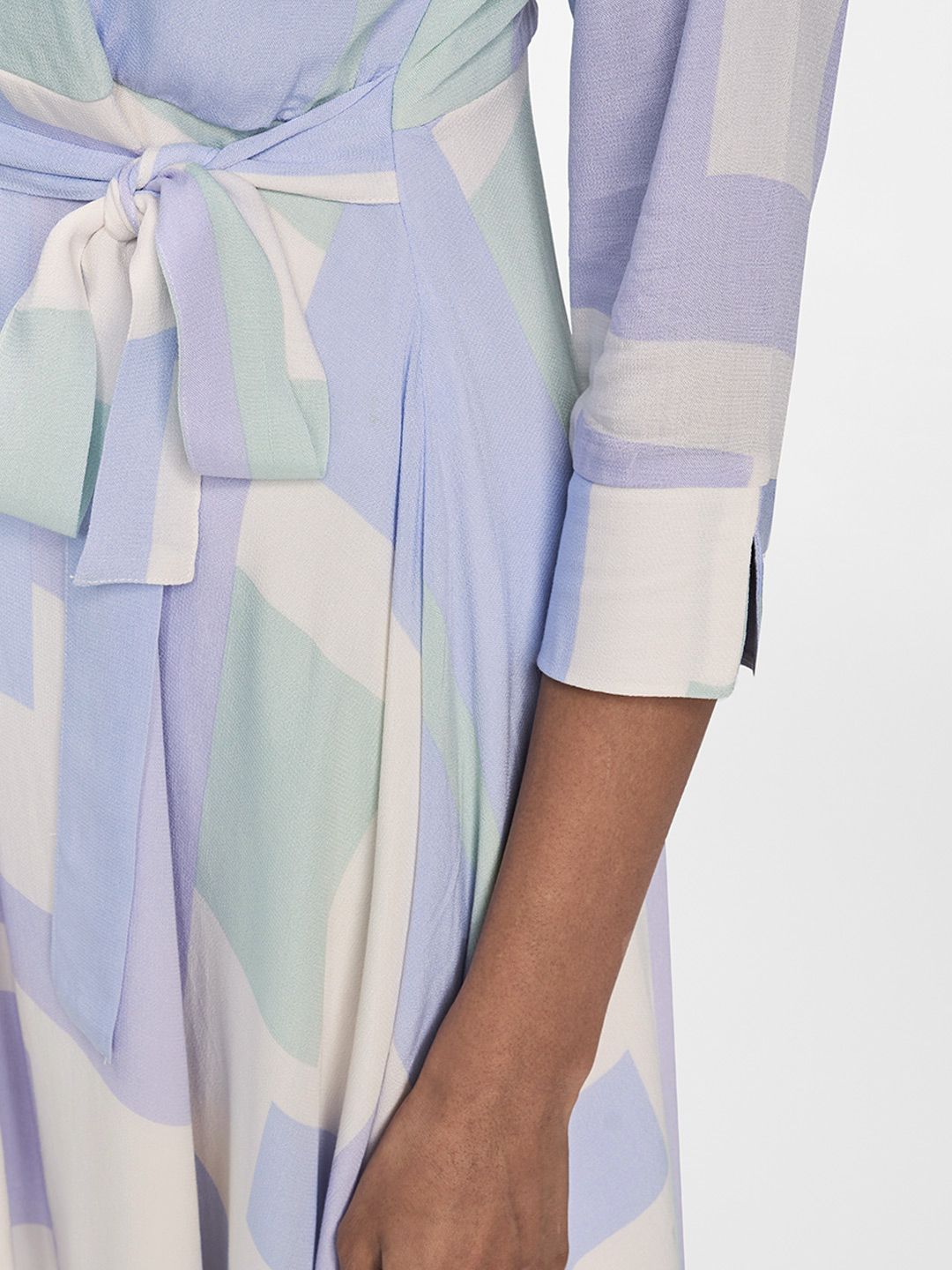AND Blue & White Printed Waist Tie-Ups Detail Fit and Flare Formal Dress