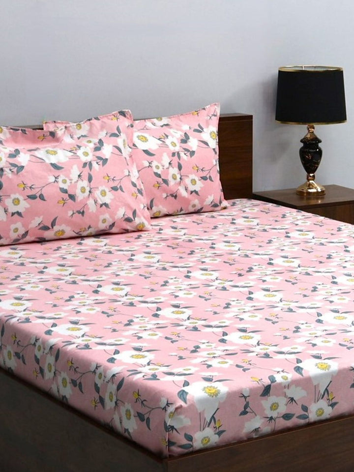BOMBAY DYEING Pink Floral 144 TC Queen Bedsheet & 2 Pillow Covers