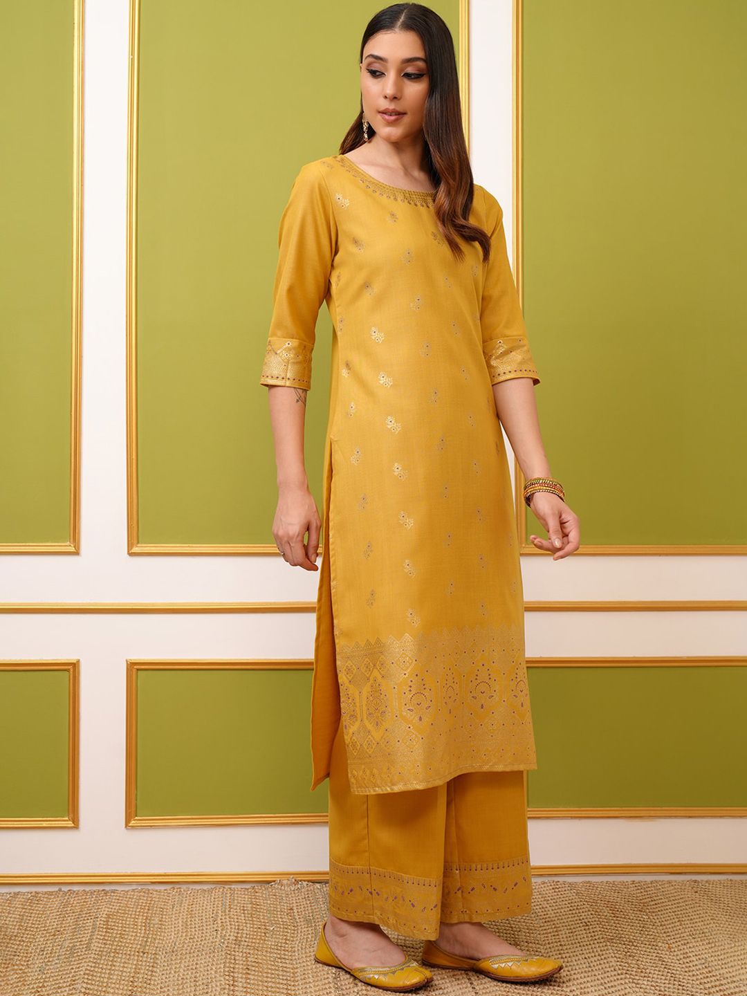 Vishudh Yellow Ethnic Motifs Printed Regular Kurta With Palazzos & Dupatta