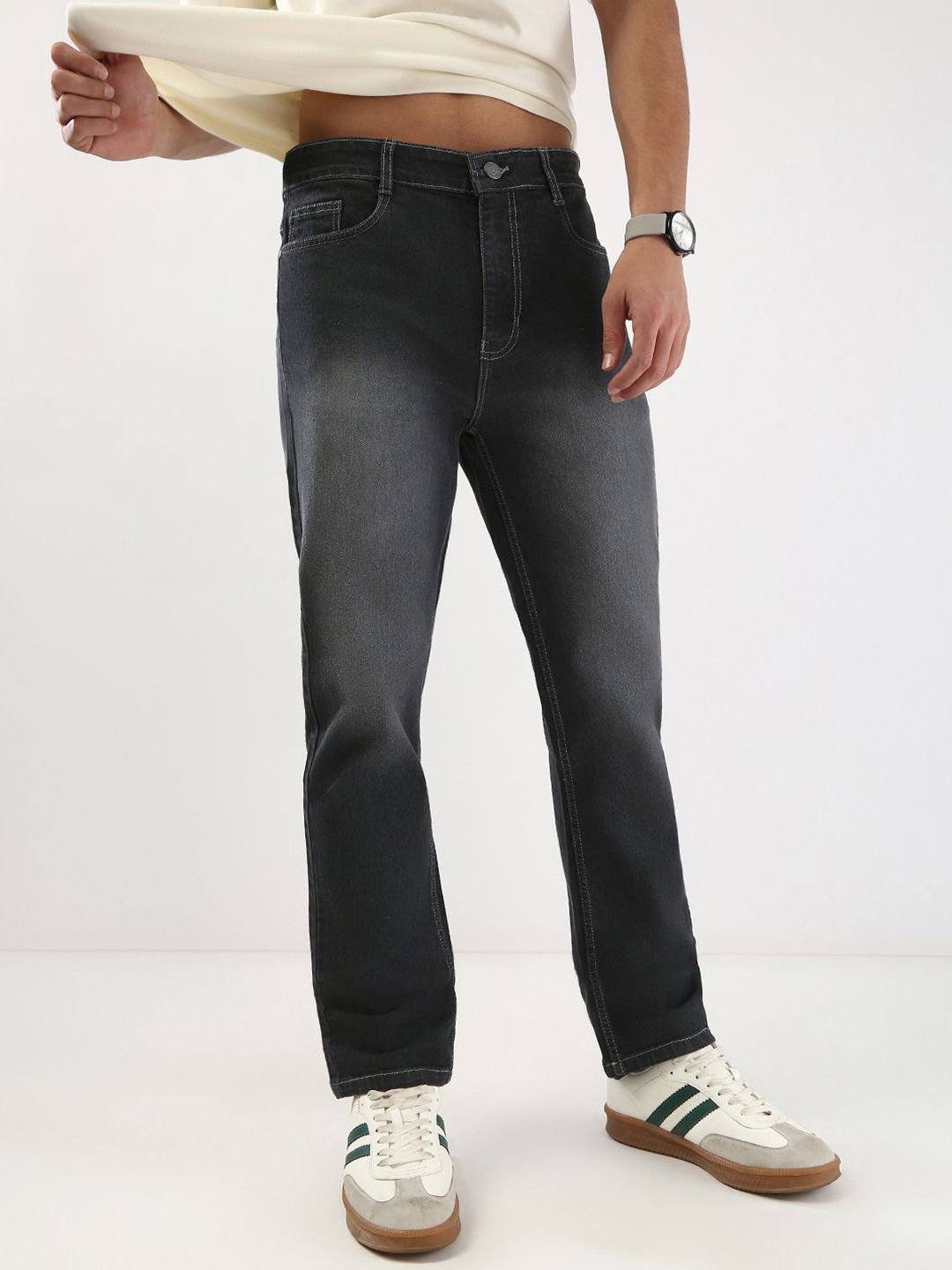 Urbano Fashion Men Dark Grey Straight Fit Washed Jeans