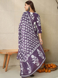 Indo Era Floral Printed V-Neck Pure Cotton Straight Kurta With Trousers And Dupatta