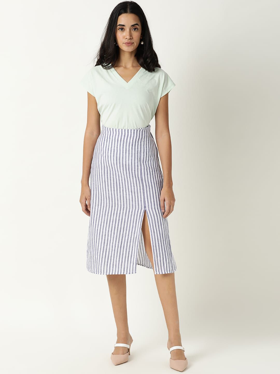 RAREISM Women Moonly Blue Striped A-Line Skirts
