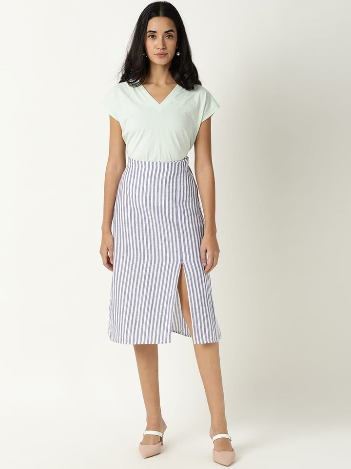 RAREISM Women Moonly Blue Striped A-Line Skirts