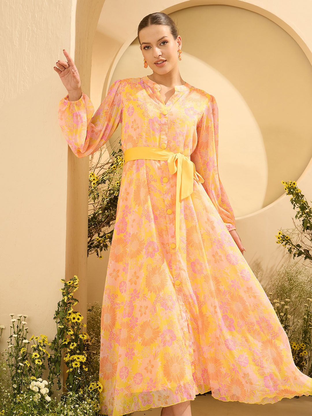 Antheaa Layered Women Floral Printed Mandarin Collar Midi Fit & Flare Dress