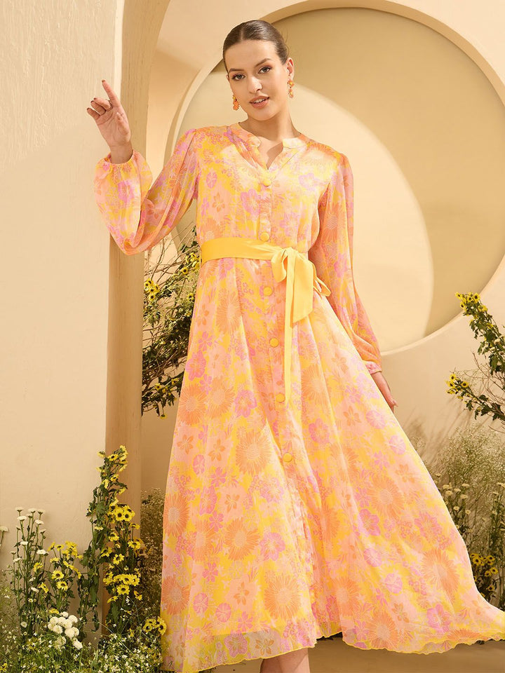 Antheaa Layered Women Floral Printed Mandarin Collar Midi Fit & Flare Dress