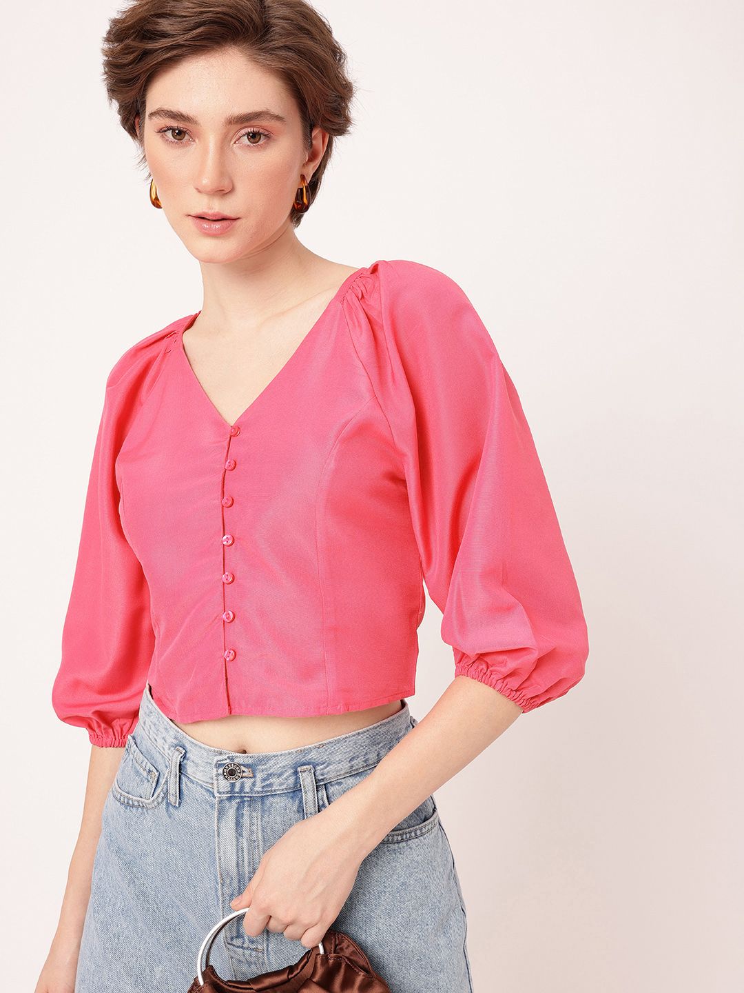 DressBerry Girly Glam Puff Sleeve Shirt Style Crop Top