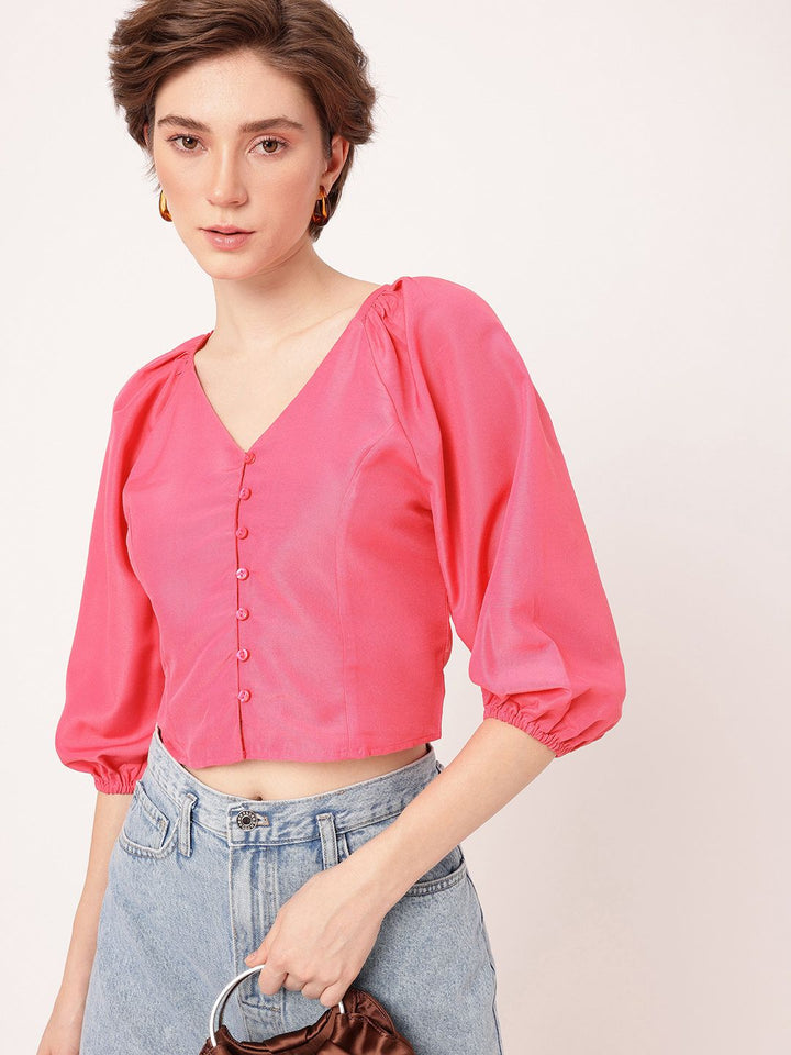 DressBerry Girly Glam Puff Sleeve Shirt Style Crop Top