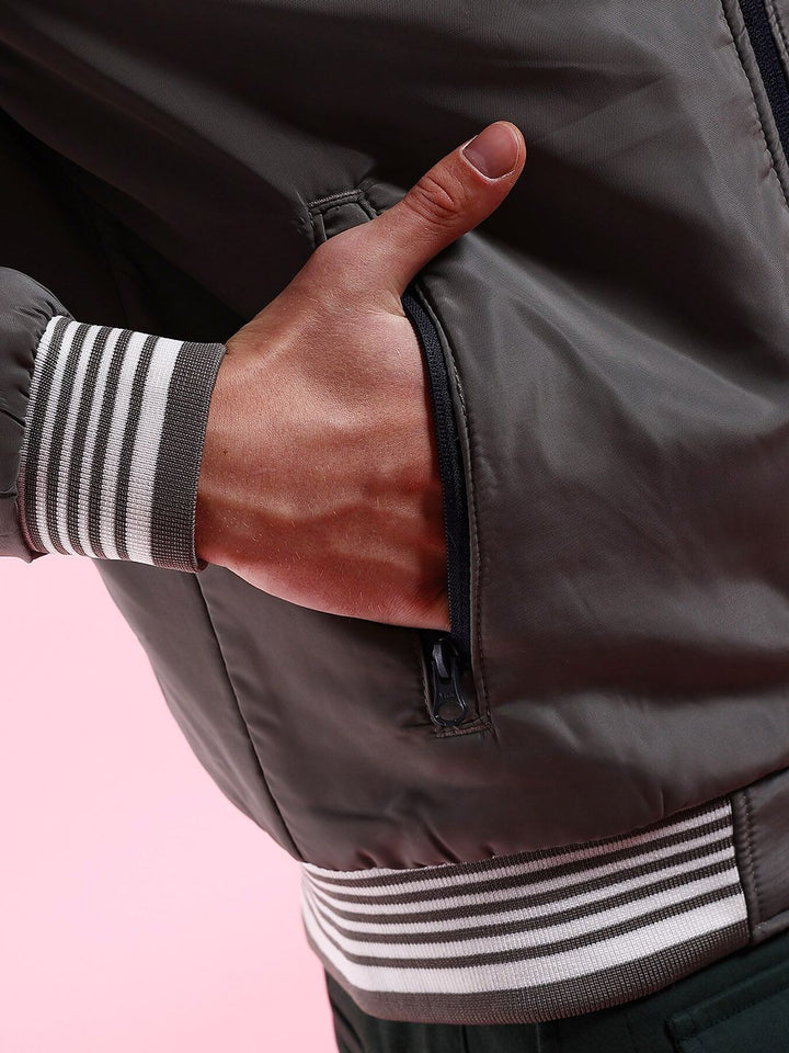 The Indian Garage Co Grey Mock Collar Bomber Jacket