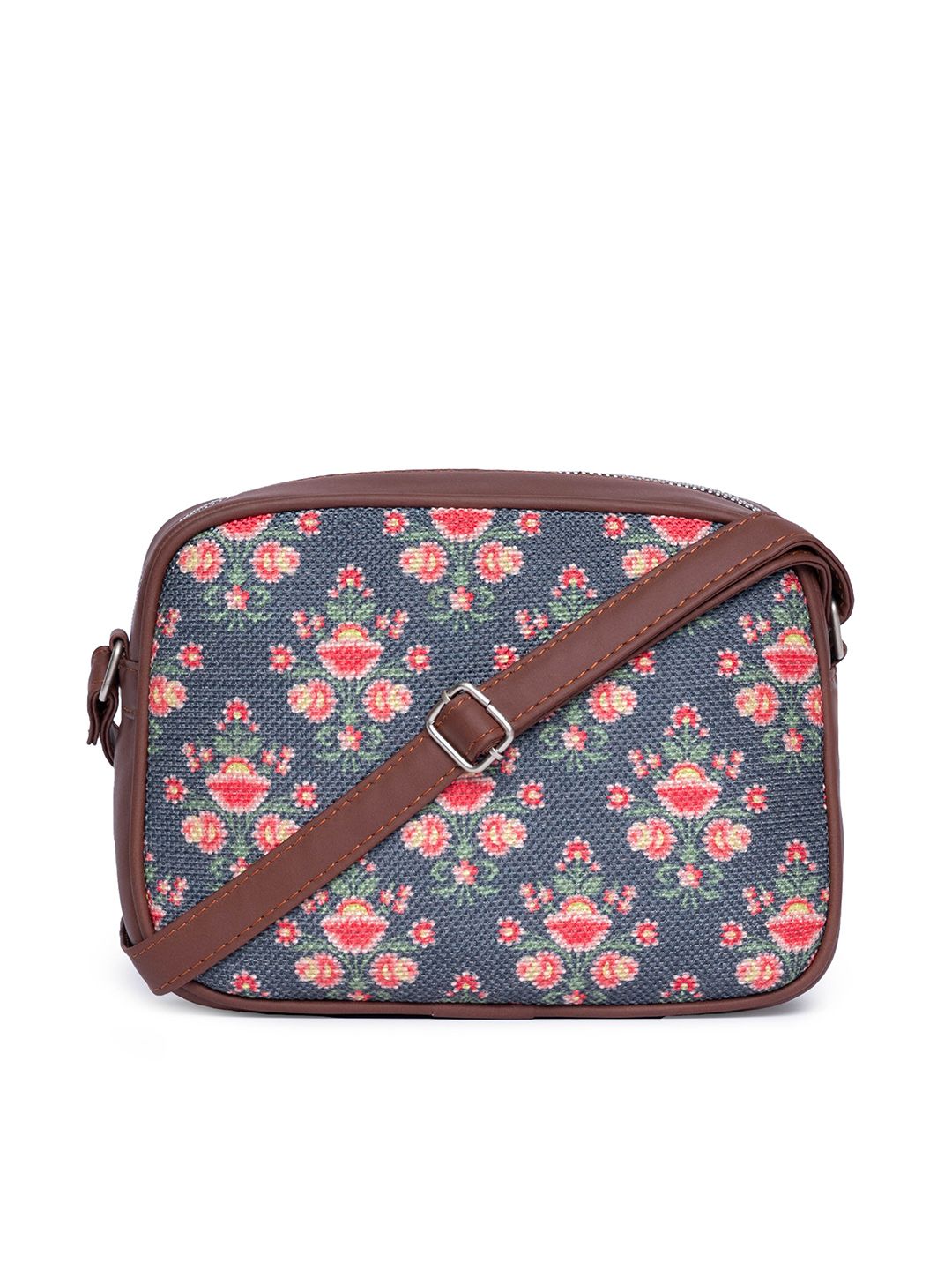 ZOUK Navy Blue Floral Printed Structured Sling Bag with Tasselled