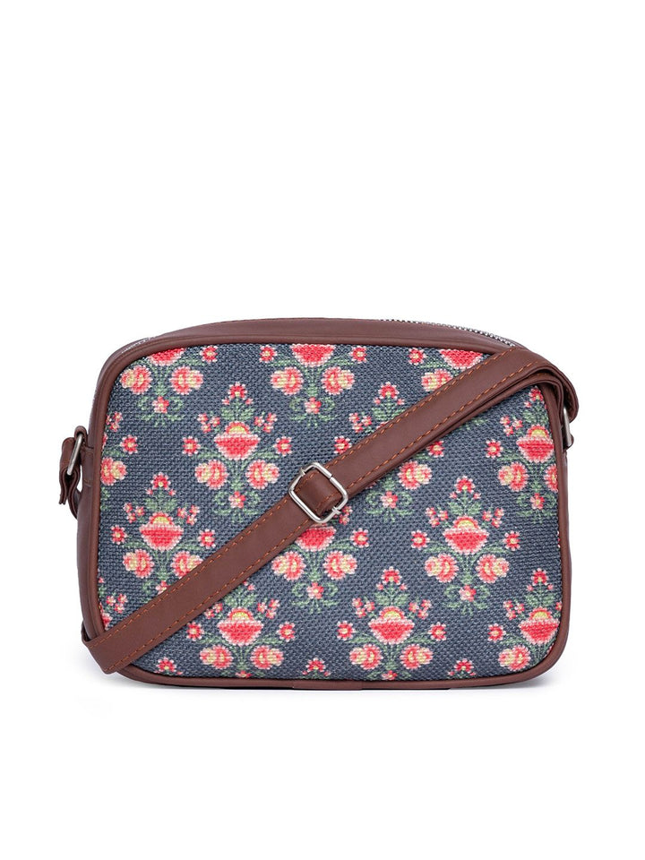 ZOUK Navy Blue Floral Printed Structured Sling Bag with Tasselled