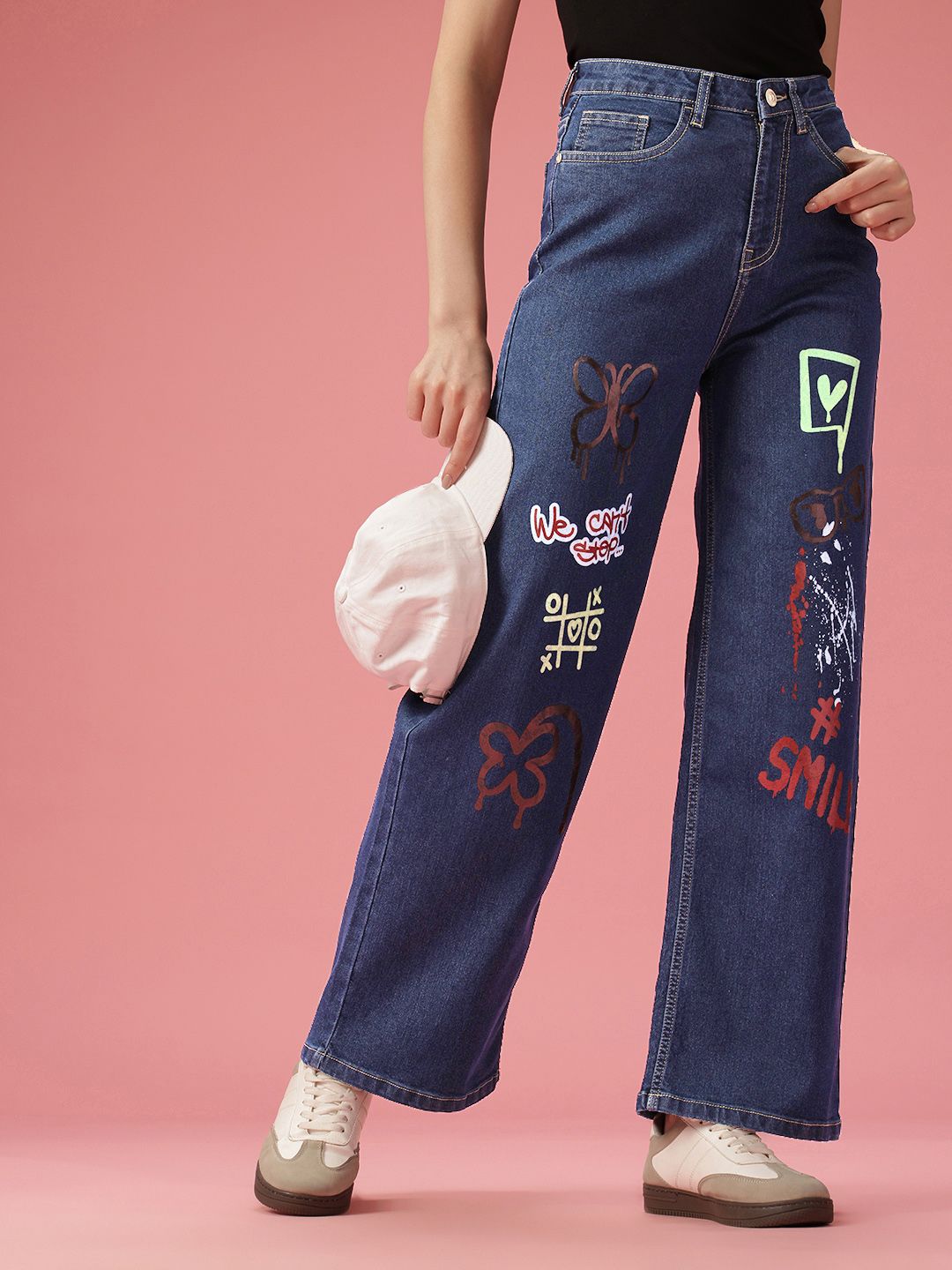 DressBerry Women Wide Leg High-Rise Printed Stretchable Jeans