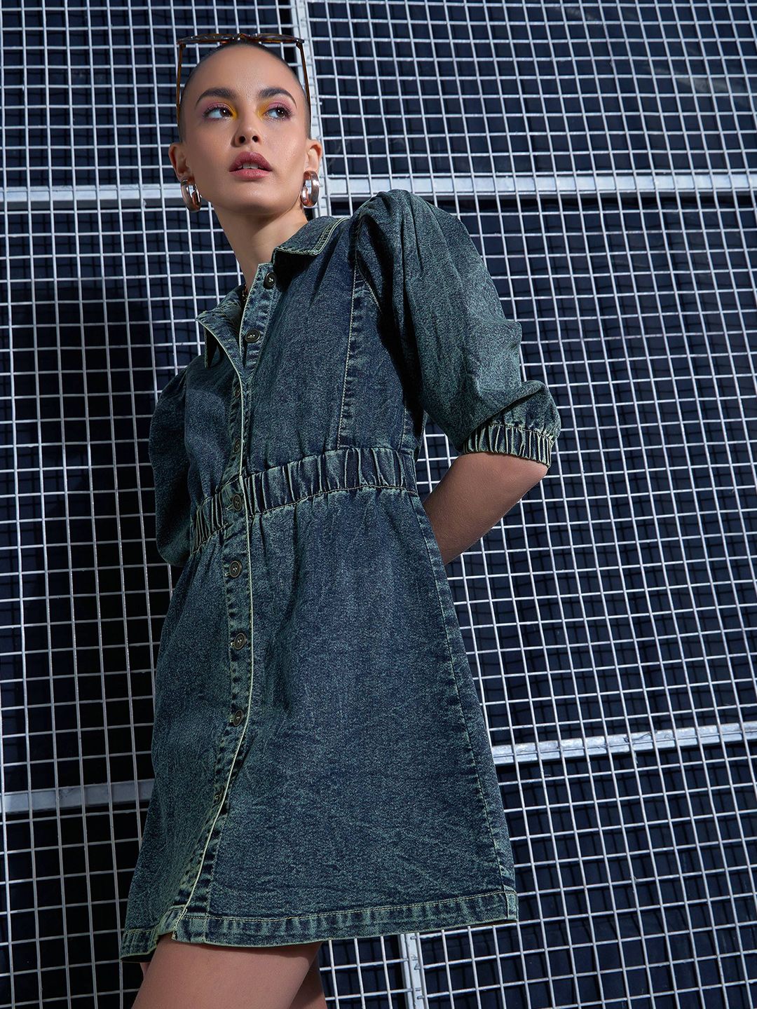 SASSAFRAS Blue Puff Sleeve Denim A-Line Dress