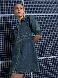 SASSAFRAS Blue Puff Sleeve Denim A-Line Dress