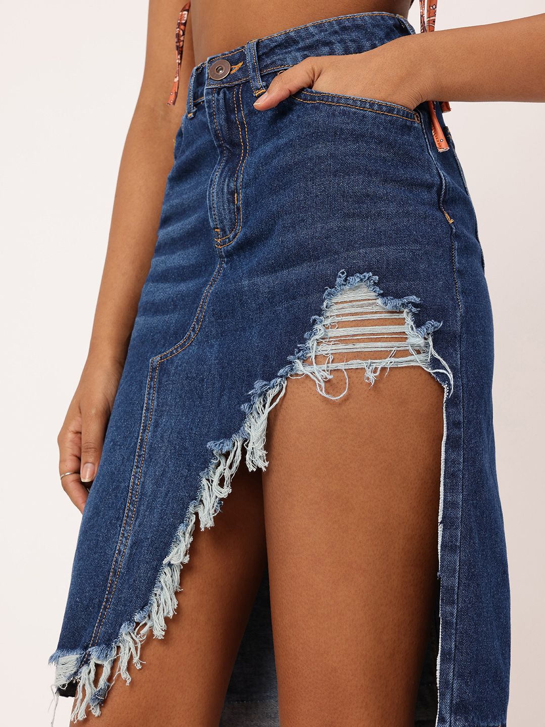 DressBerry Women Street Edge High Rise Ripped Denim Faded Asymmetric A-Line Skirt