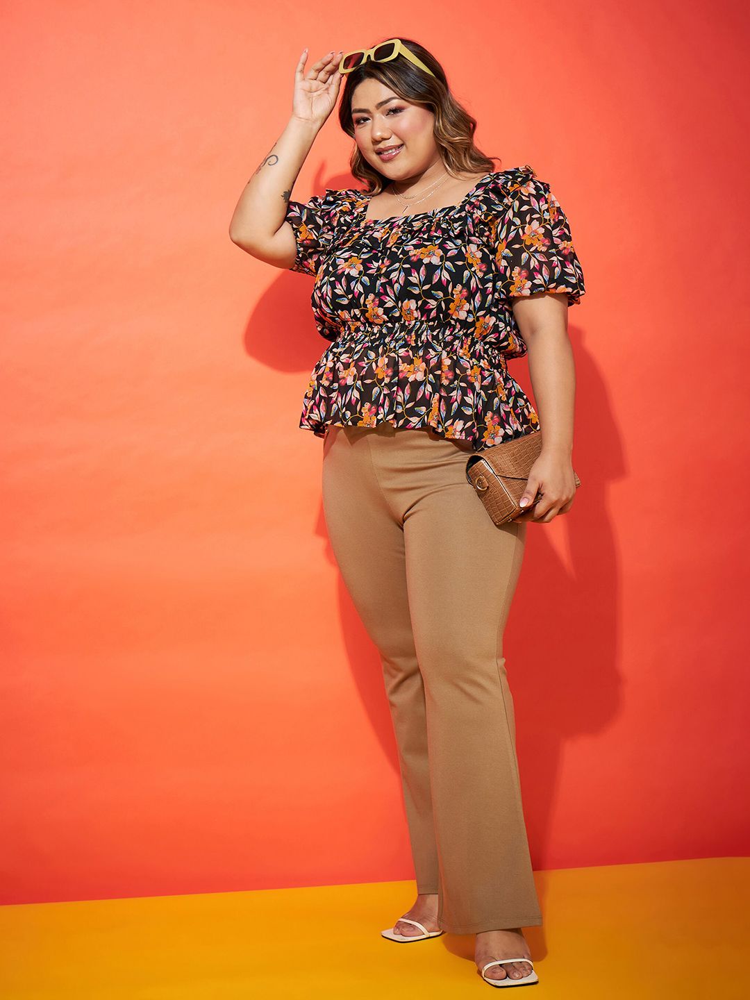 SASSAFRAS Curve Black Floral Print Puff Sleeve Georgette Cinched Waist Top