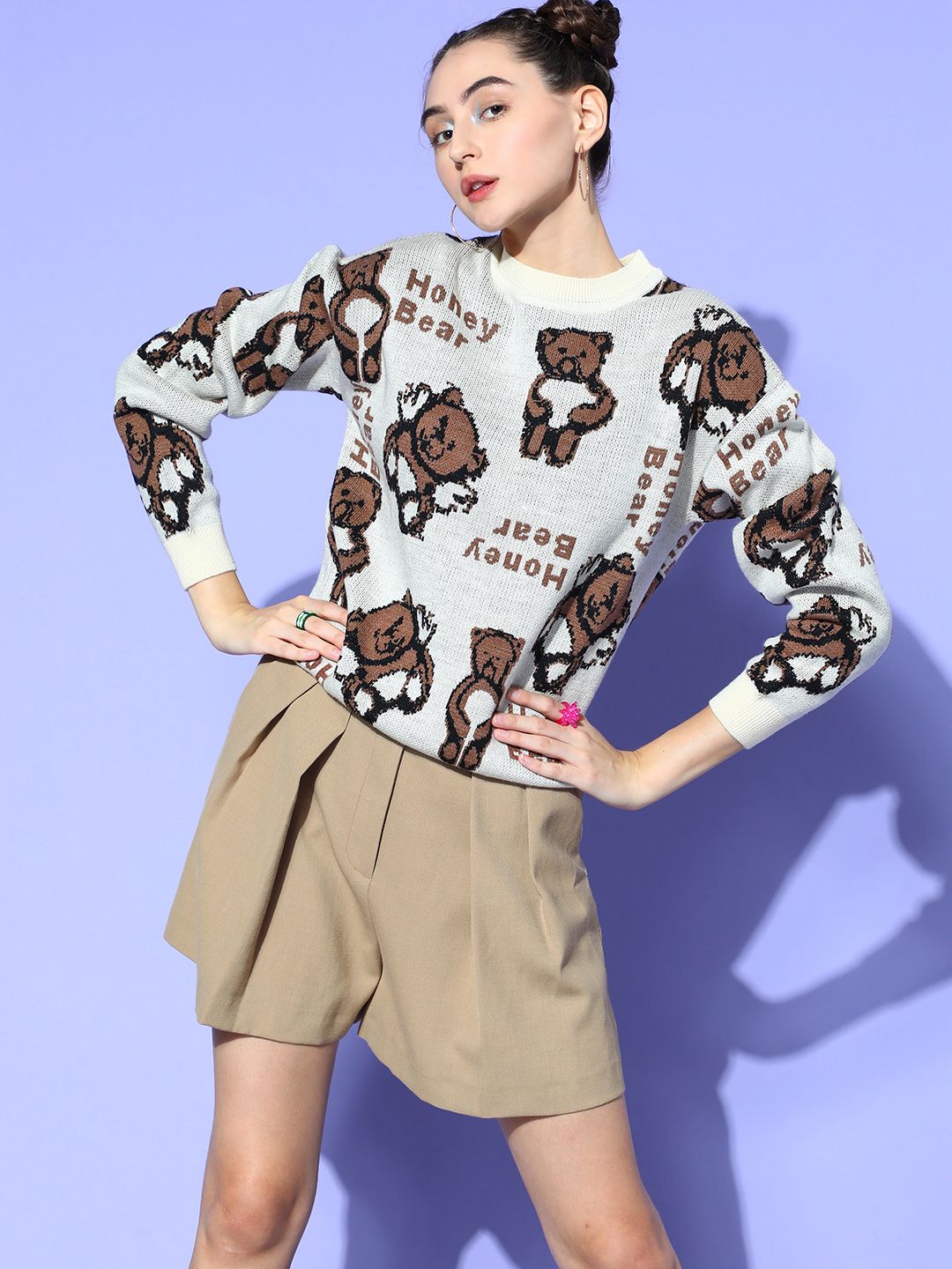 Berrylush Women Grey Conversational Knits Bits Sweater
