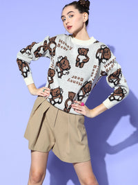 Berrylush Women Grey Conversational Knits Bits Sweater