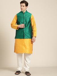 SOJANYA Men Mustard Yellow Striped Kurta with Pyjamas  & Nehru Jacket