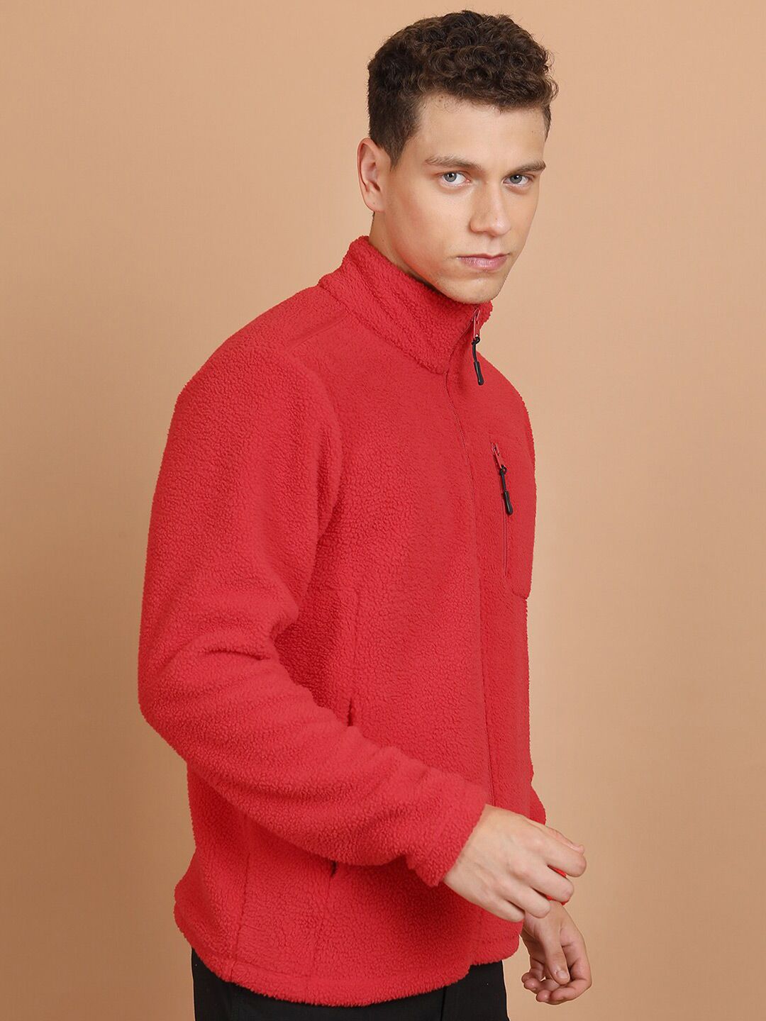 HIGHLANDER Red Mock Collar Front-Open Sweatshirt