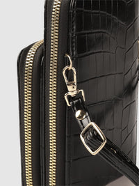 Lino Perros Black Croc Textured Structured Sling Bag with Detachable Sling Strap