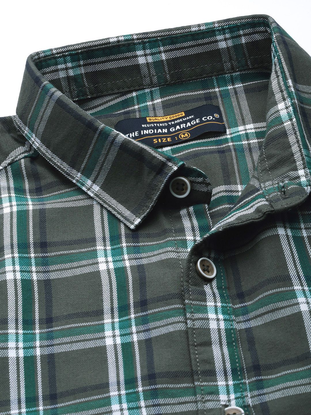 The Indian Garage Co Men Charcoal Grey & Green Checked Pure Cotton Casual Shirt