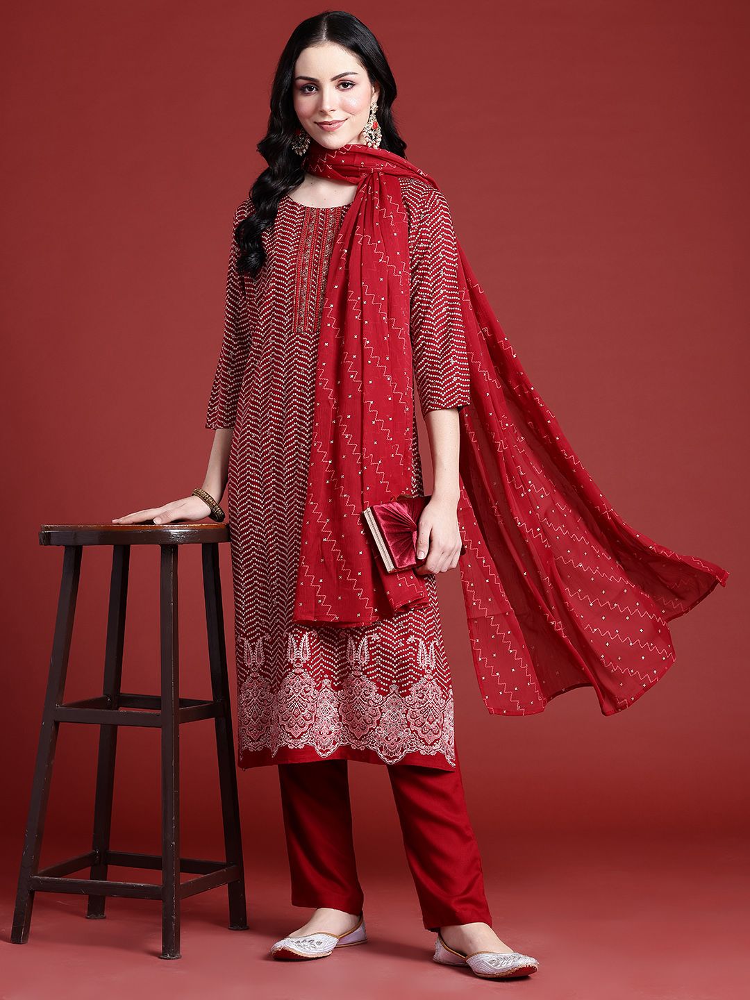 Anouk Bandhani Printed Regular Thread Work Kurta With Trousers & Dupatta