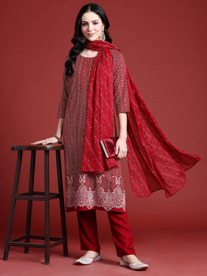 Anouk Bandhani Printed Regular Thread Work Kurta With Trousers & Dupatta