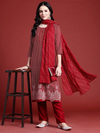 Anouk Bandhani Printed Regular Thread Work Kurta With Trousers & Dupatta