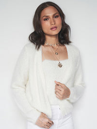 AND Women Striped with Fuzzy Detail Open Front Sweater with Crop Top