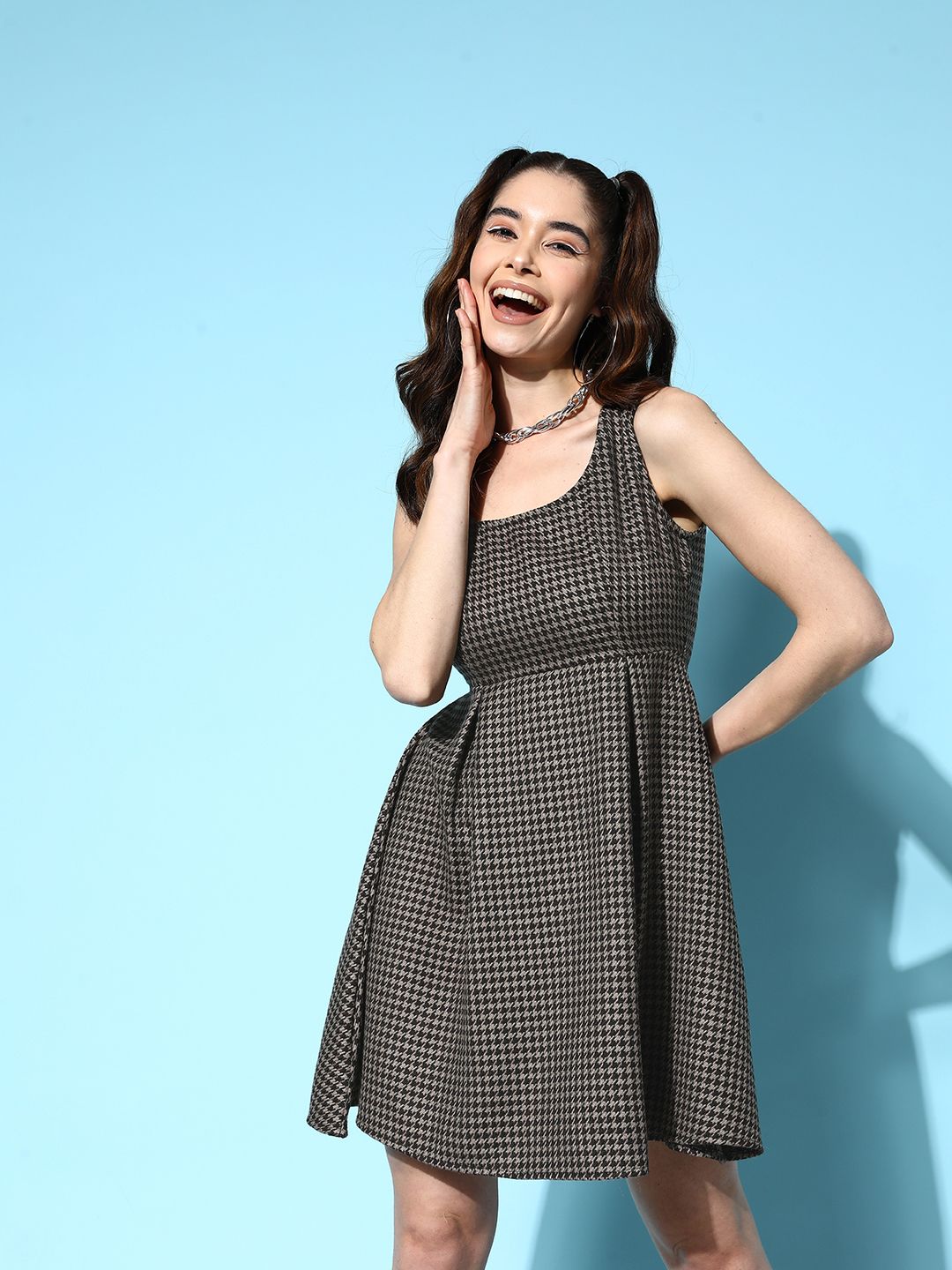 Berrylush Women Black Houndstooth A-Line Mini Dress