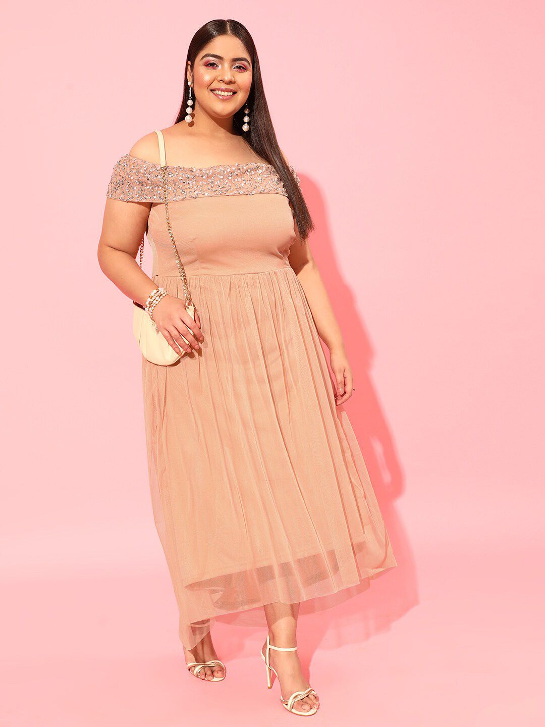 CURVY STREET Peach Plus Size Embellished Net Dress