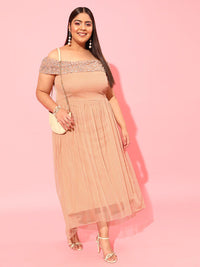 CURVY STREET Peach Plus Size Embellished Net Dress