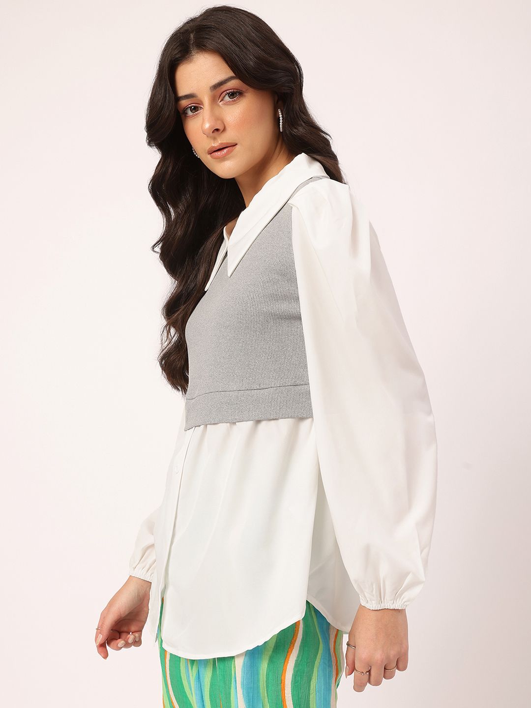 DressBerry Sleek & Simple Layered Detail Puff Sleeves Shirt-Style Longline Top