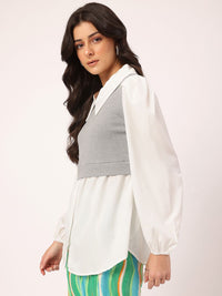 DressBerry Sleek & Simple Layered Detail Puff Sleeves Shirt-Style Longline Top
