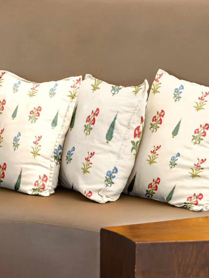 URBAN SPACE White & Green 3 Pieces Floral Printed Cotton Square Cushion Covers
