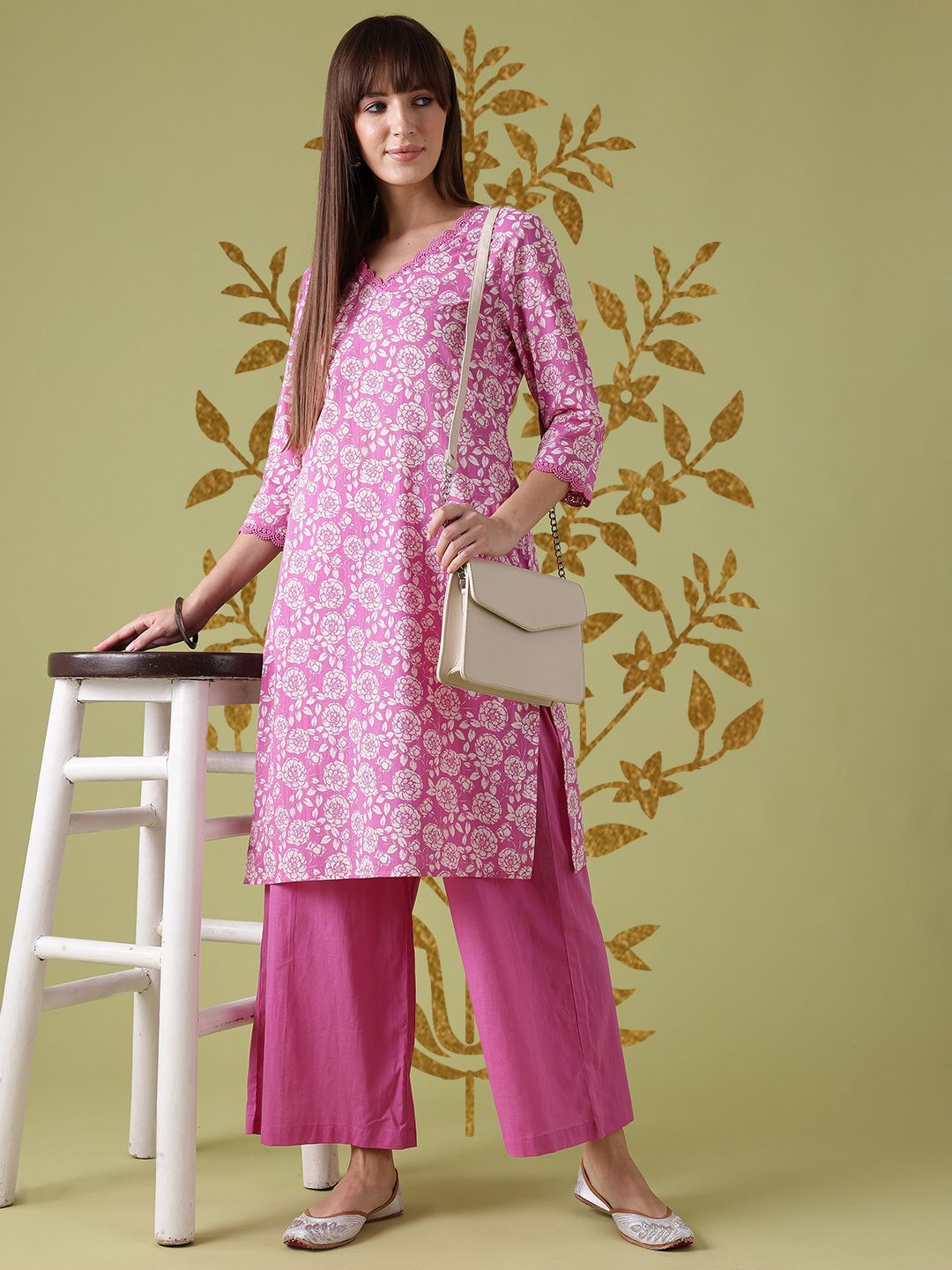 Anouk Floral Printed Lace Insert Detail Pure Cotton Straight Kurta with Trousers